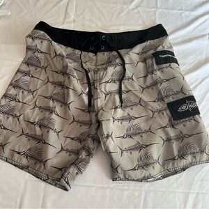 Tormenter Gray & Black Fish Skeleton Over Logo Surf Swim T Board Shorts Men's 36